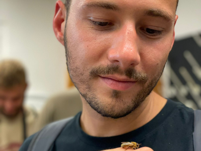 Guy staring at a bug.